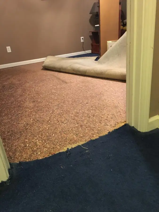 Carpet pad removal revealing water damage during Water Mitigation Services in Gilmer
